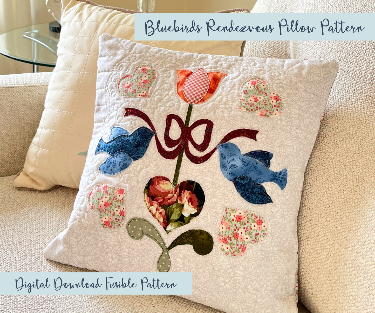 bluebirds applique pillow