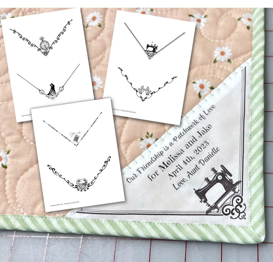 Vintage Victorian Quilt Label Designs are Printable to Fabric, a digital download Bundle - 6 Triangle Corner Labels - 35 approx approx 3.5 x 4 Labels - expressivequilts.com