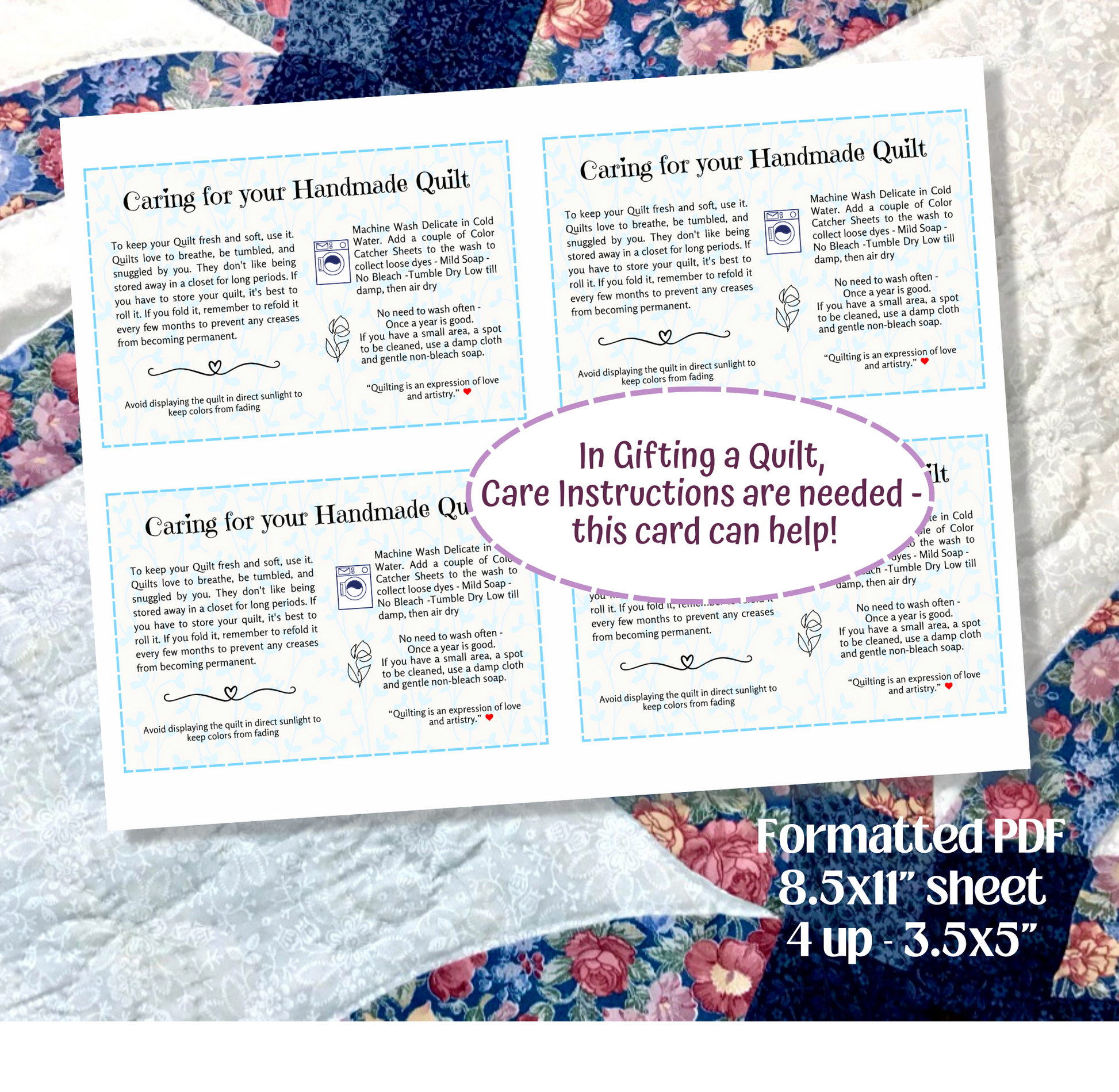 quilt care cards 4 up on sheet pdf