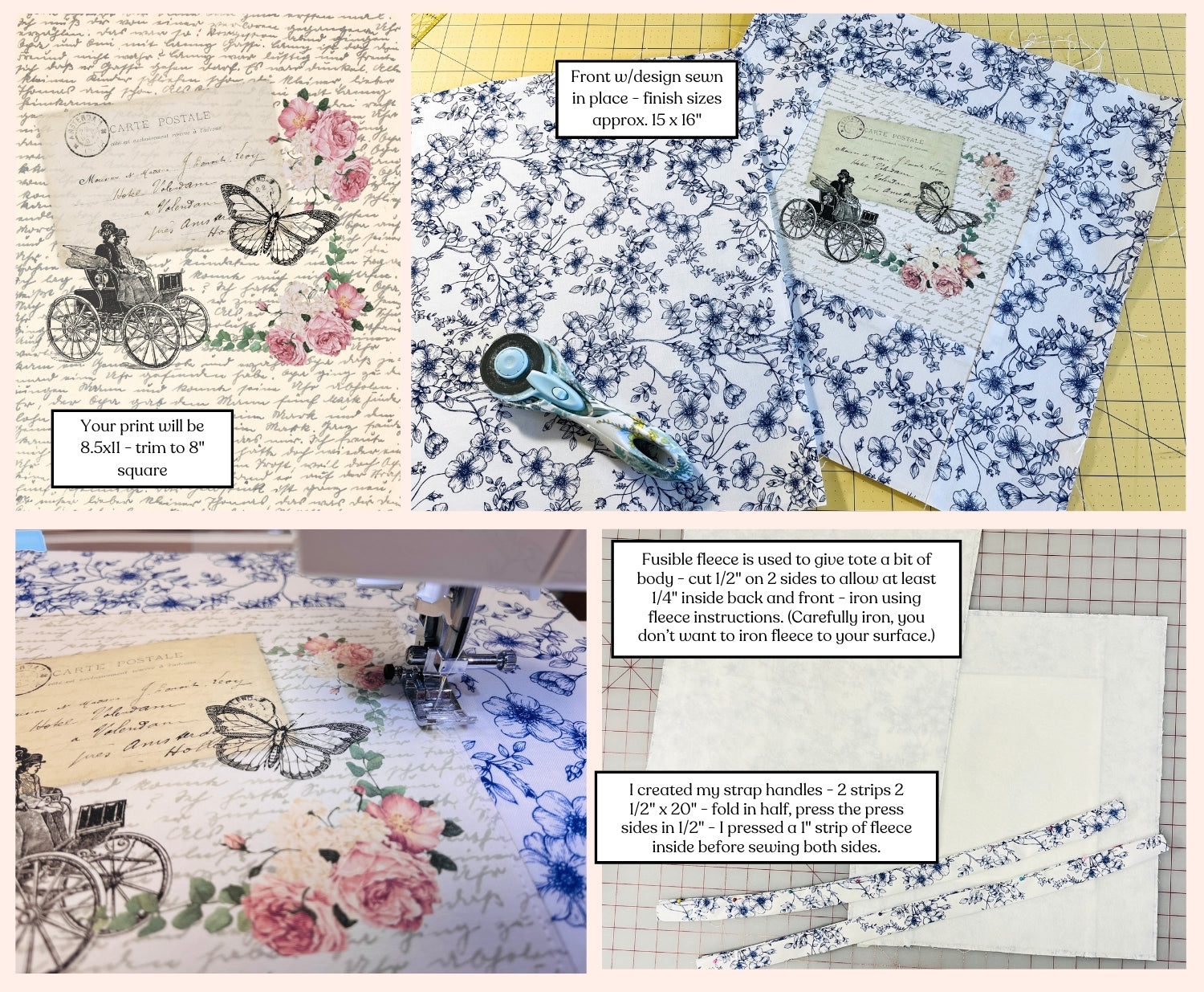 showing the assembly to create a print to fabric tote