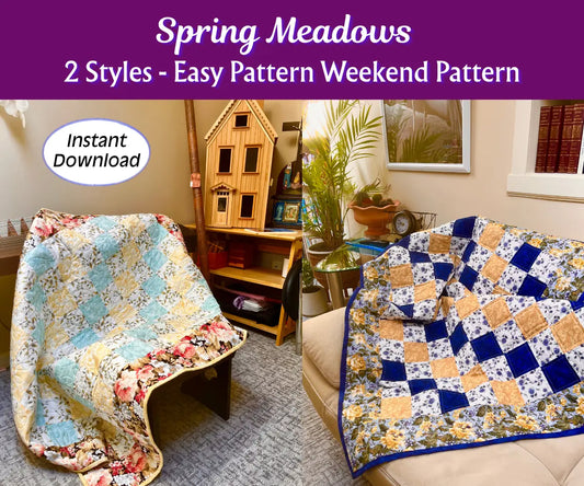 Two different quilt throw design patterns displayed on furniture with promotional text about 'Spring Meadows' quilt patterns.