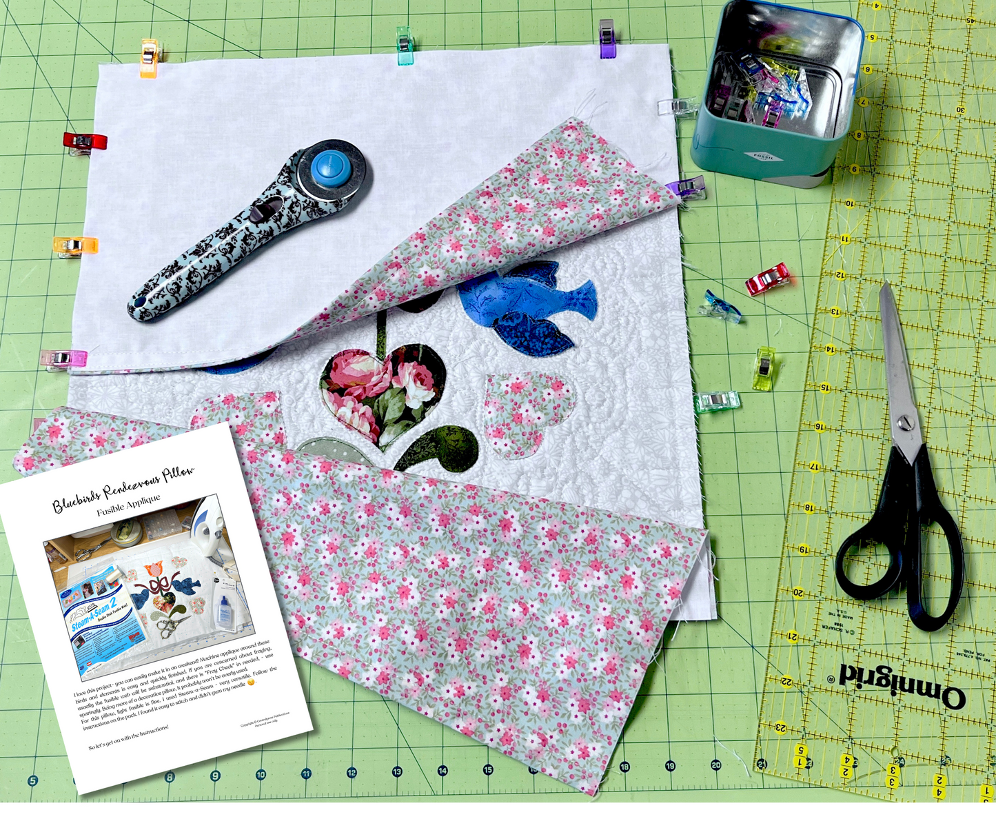 Bluebirds Pillow Fusible Applique Tutorial Pattern