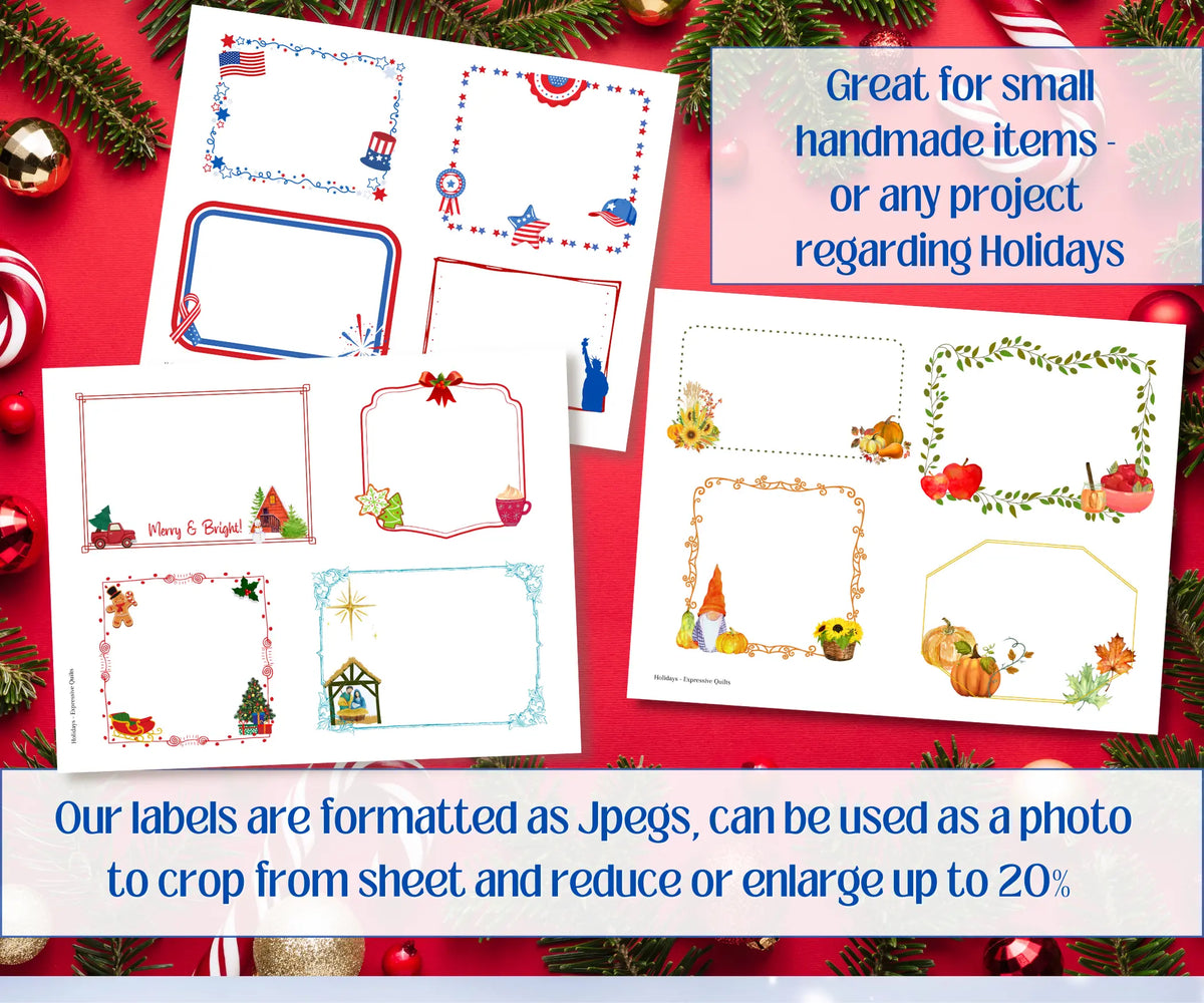 Seasons & Holidays Quilt Labels are Printable to Fabric, Instant Download Bundle - 8 pages, 32 Designs - expressivequilts.com