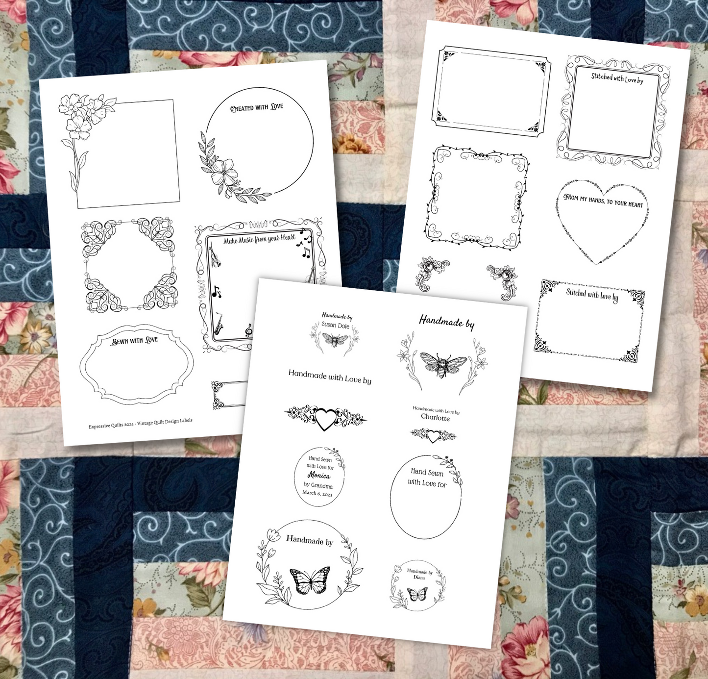 Vintage Victorian Quilt Label Designs are Printable to Fabric, a digital download Bundle - 6 Triangle Corner Labels - 35 approx approx 3.5 x 4 Labels