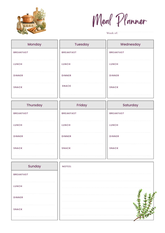 A printable weekly meal planner page with sections for Monday through Sunday and a notes area, decorated with small watercolor illustrations of a copper pot and herbs.