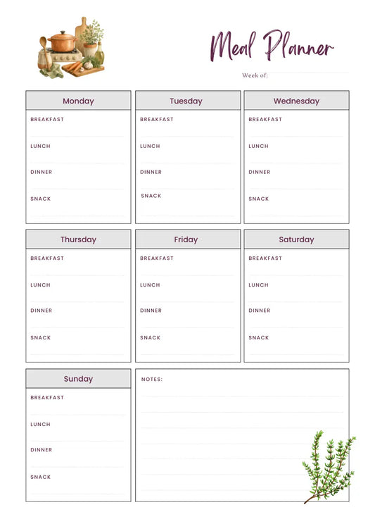 A printable weekly meal planner page with sections for Monday through Sunday and a notes area, decorated with small watercolor illustrations of a copper pot and herbs.