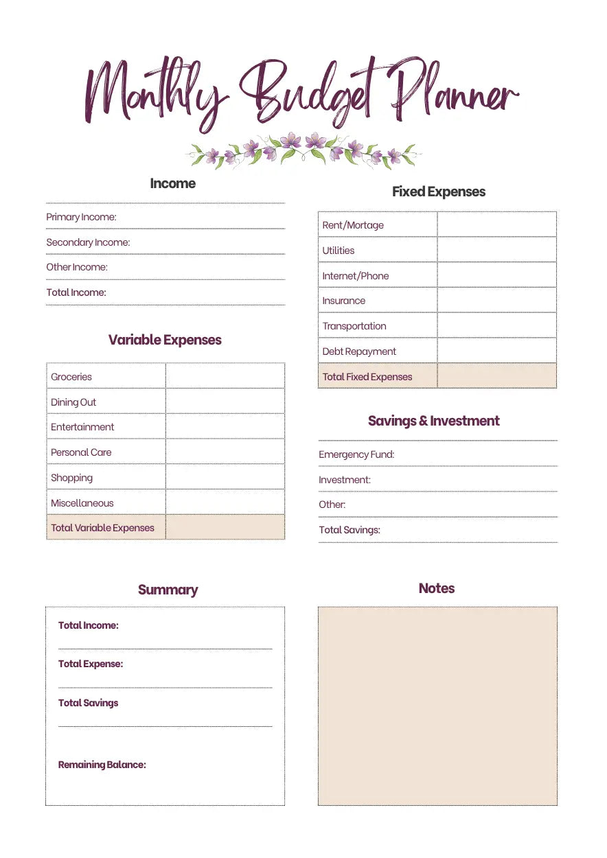 A printable Monthly Budget Planner template with sections for Income, Variable Expenses, Fixed Expenses, Savings & Investment, Summary, and Notes on a white page with purple headings and a small floral accent.