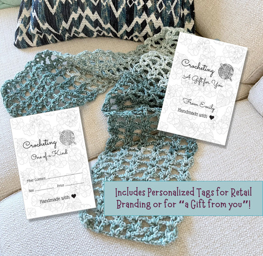 Crochet, Knitting Tags for Retail Branding or for a Personalized Gift Tag and includes Pattern - Easy Lace Scarf Pattern pdf format - expressivequilts.com