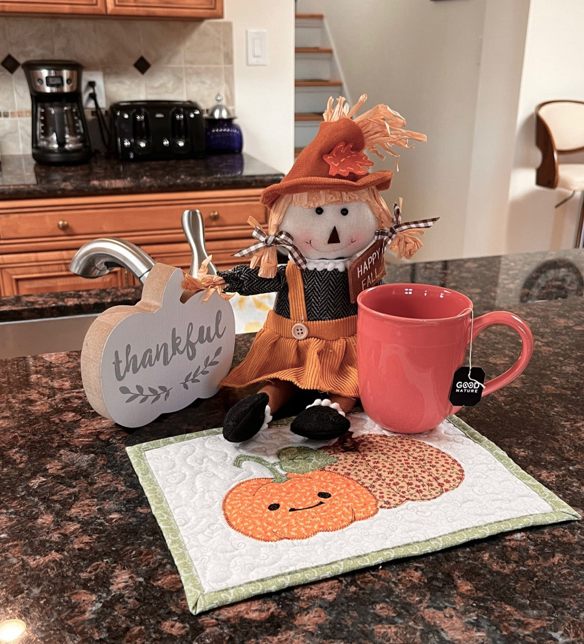 Happy Pumpkins Autumn Mug Rugs, - approx 8"x 10" with complete Instructions -