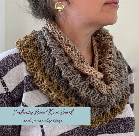 Crochet, Knitting Tags for Retail Branding or for a Personalized Gift Tag and includes Pattern - Easy Infinity Knit Scarf Pattern pdf format