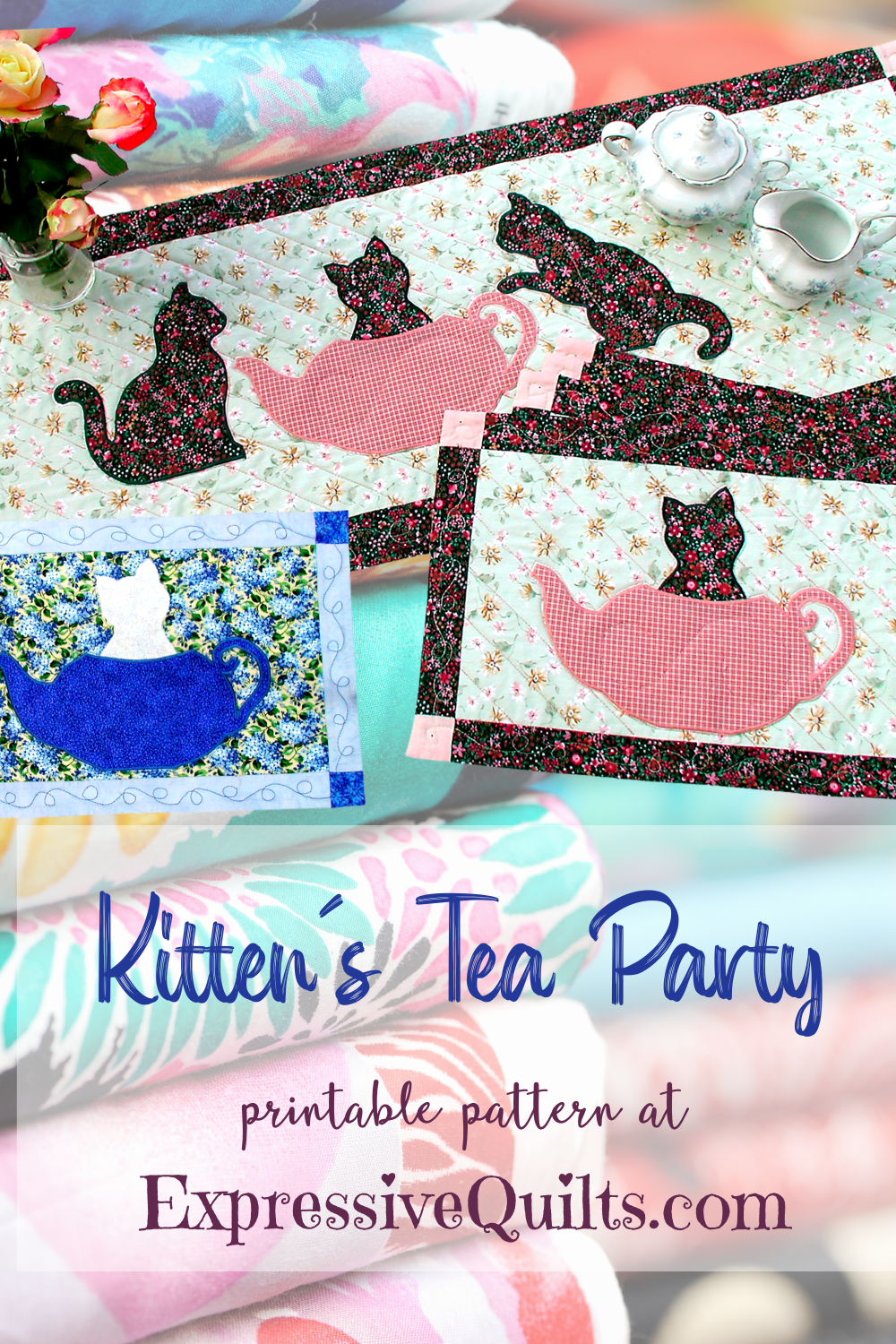 Kittens Tea Party is a Quilt Pattern digital download - for table runner and placemats