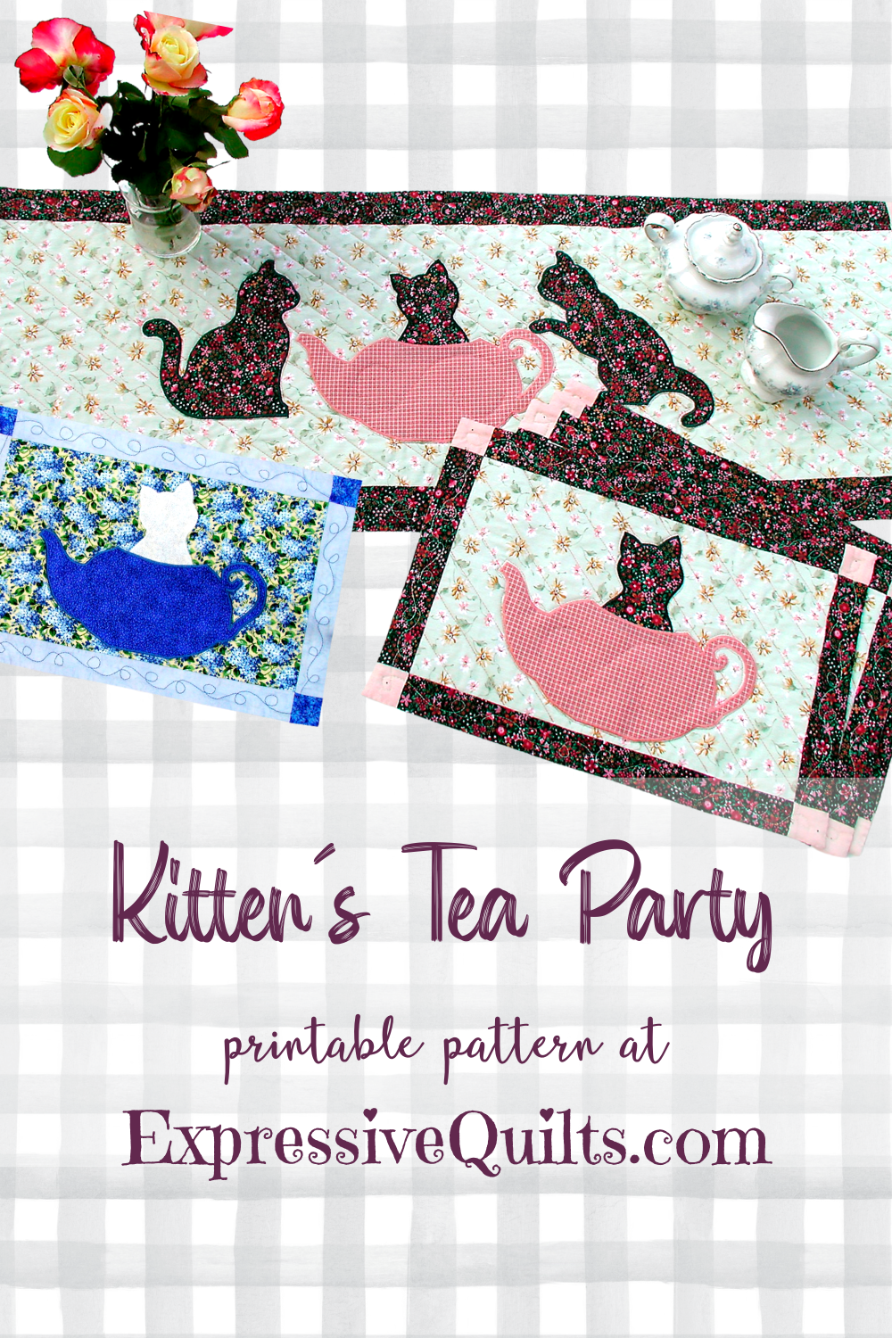 Easy Fusible Digital Download Quilt Pattern for Kittens Tea - Placemats and Table Runner