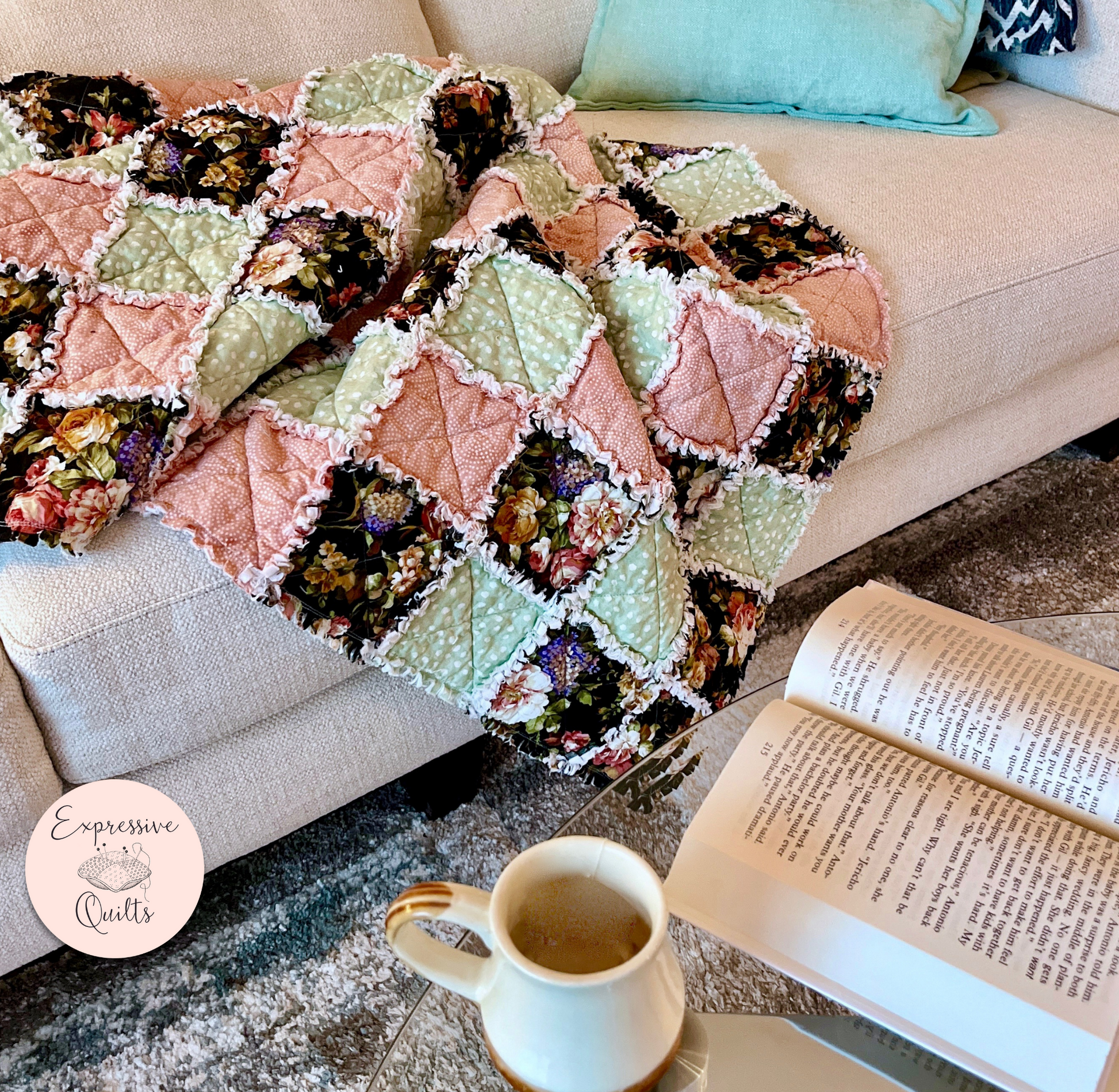 Rag Quilt laying on sofa with book and coffee