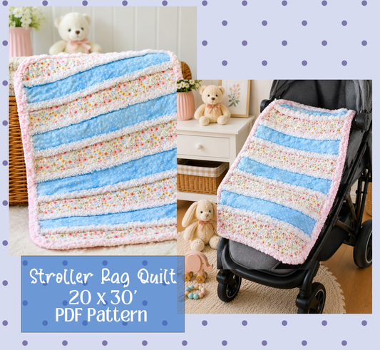 A collage showing a soft rag quilt in pastel blue, pink, and white stripes, including one quilted panel and one draped over a stroller. Text at the bottom reads 'Stroller Rag Quilt 20 x 30 PDF Pattern.