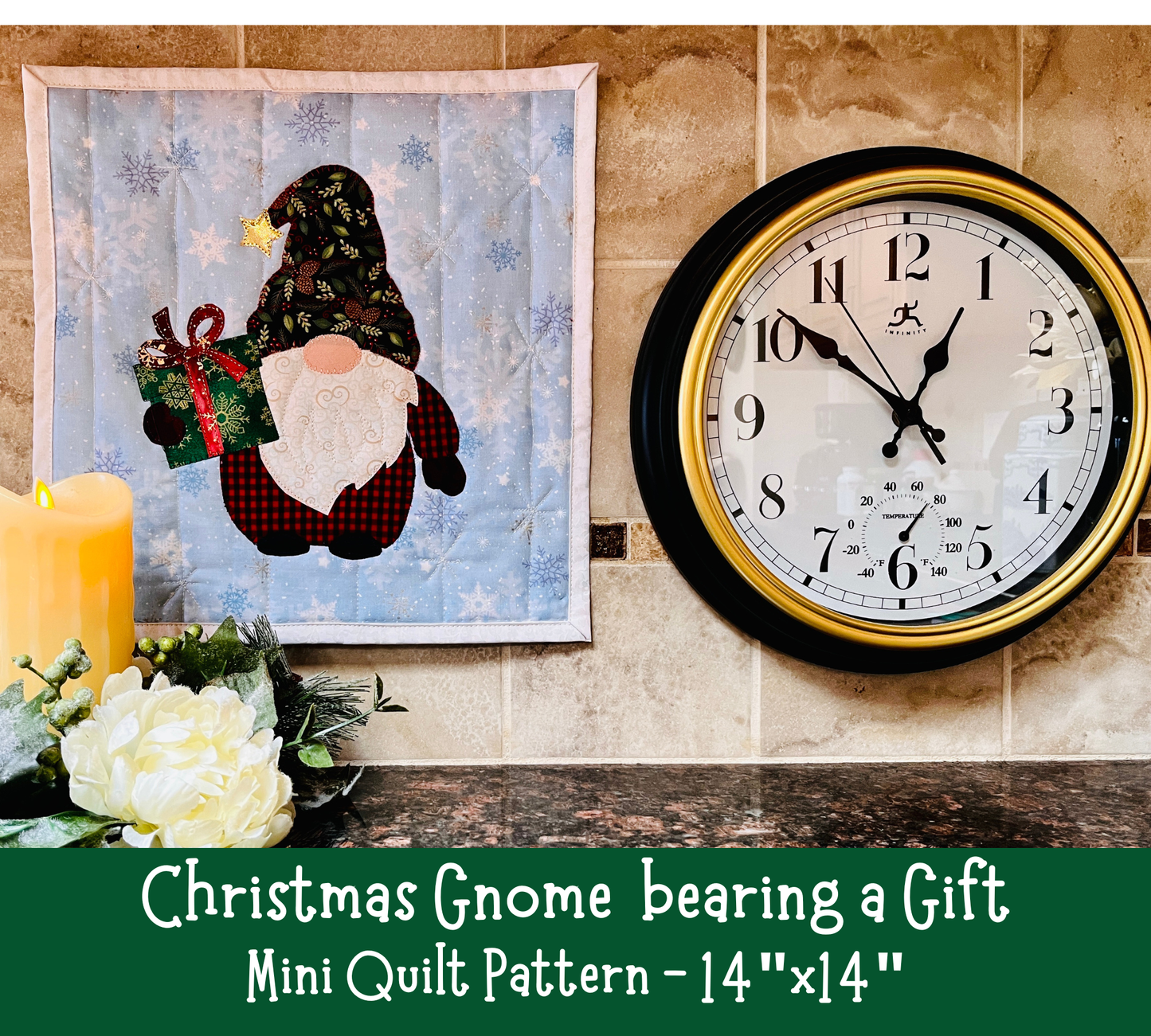 Christmas Gnome bearing a Gift Mini Quilt - Complete Instructions, and Illustrations are included.