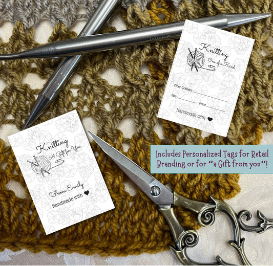 Handmade Crochet, Knitting Tags for Retail Branding or for a Personalized Gift Tag and includes Pattern - Easy Infinity Knit Scarf Pattern pdf format - expressivequilts.com