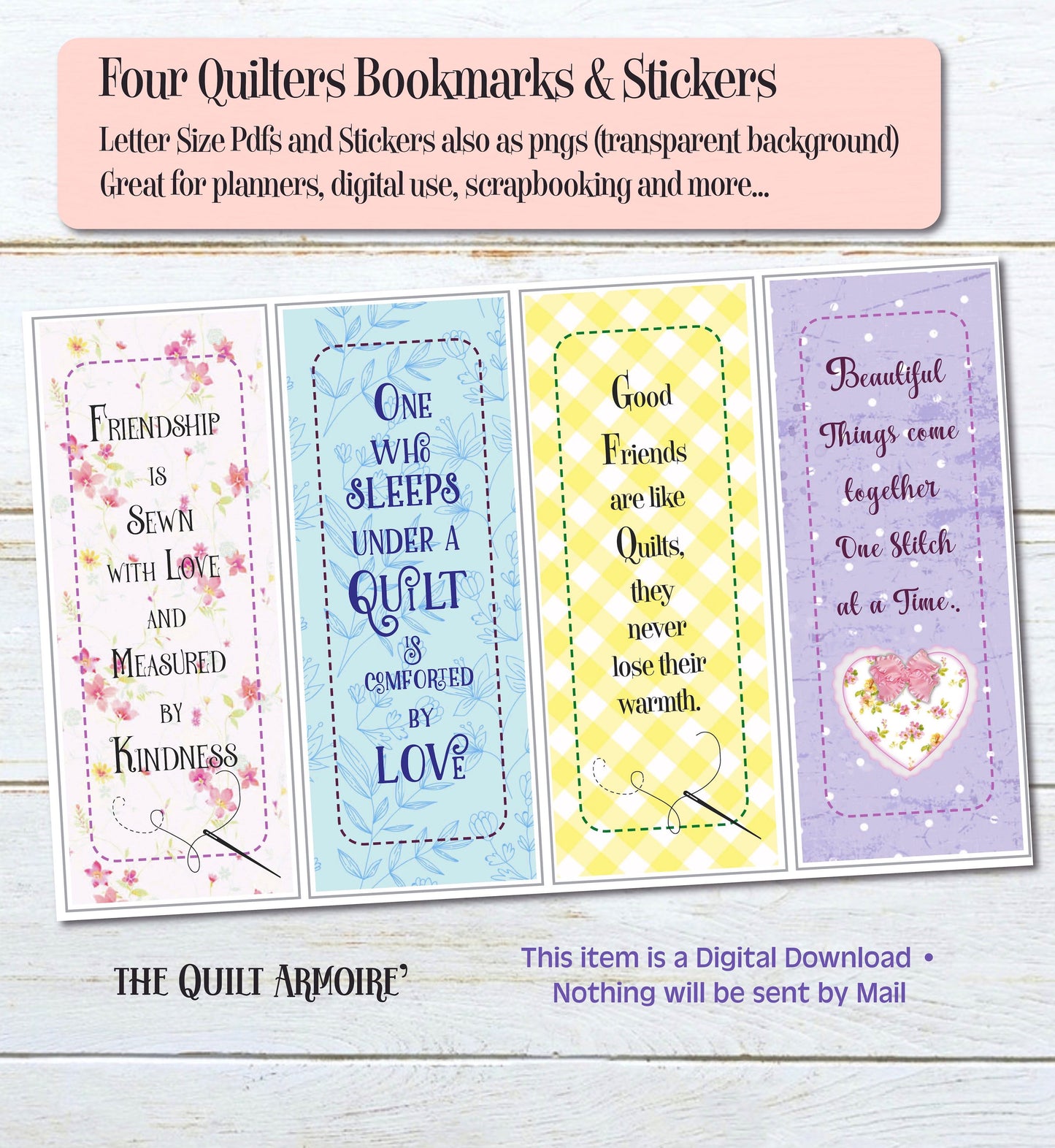 4 Bookmarks for Quilters - instant download with stickers as pngs