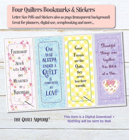 4 Bookmarks for Quilters - instant download with stickers as pngs