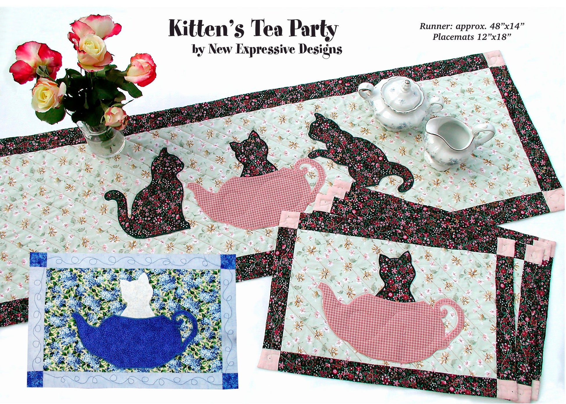 Kittens-Tea-Party-tablerunner-pattern - digital download
