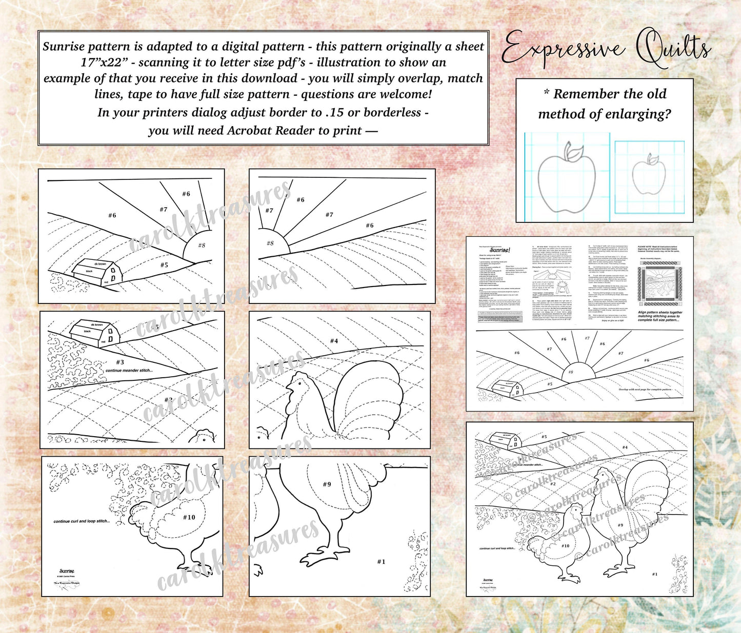 rooster, hen quilt pattern printable diagram