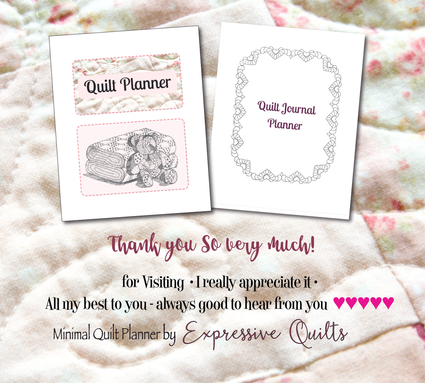 Quilt Journal Planner Minimal - 14 letter size Sheets, 2 Covers - Printable PDF