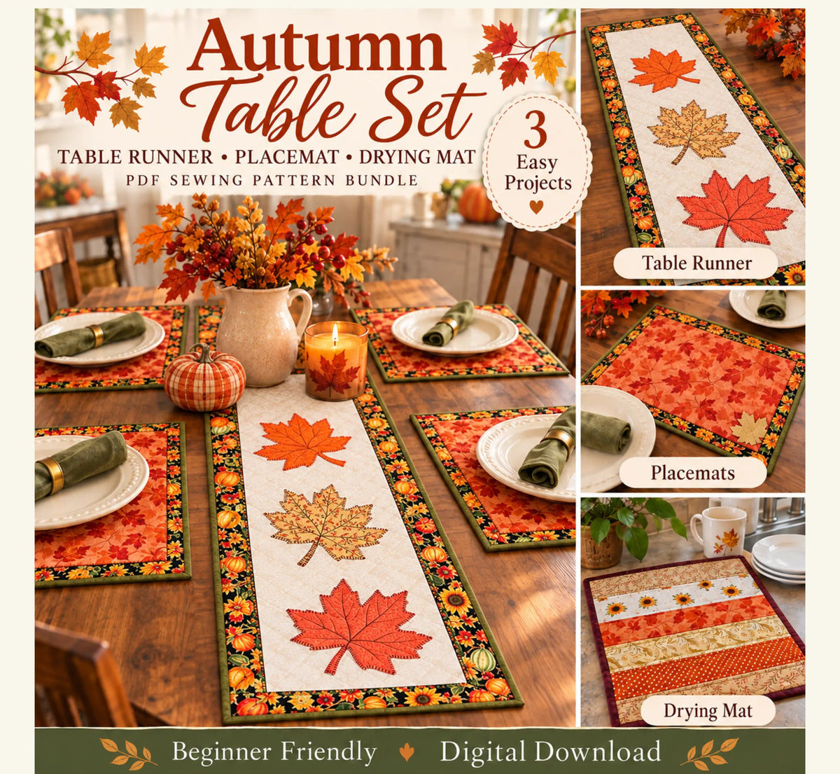 Great for Thanksgiving table set, photo of table runner with maple leafs, placement and drying mat with autumn  colors