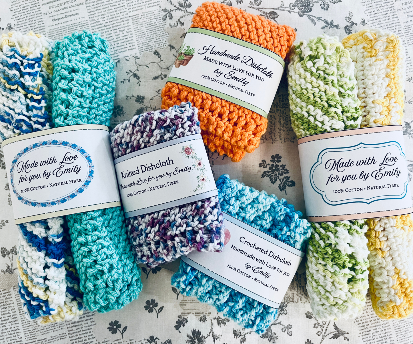 Handmade crocheted dishcloths in various colors with labels to edit in Free Canva