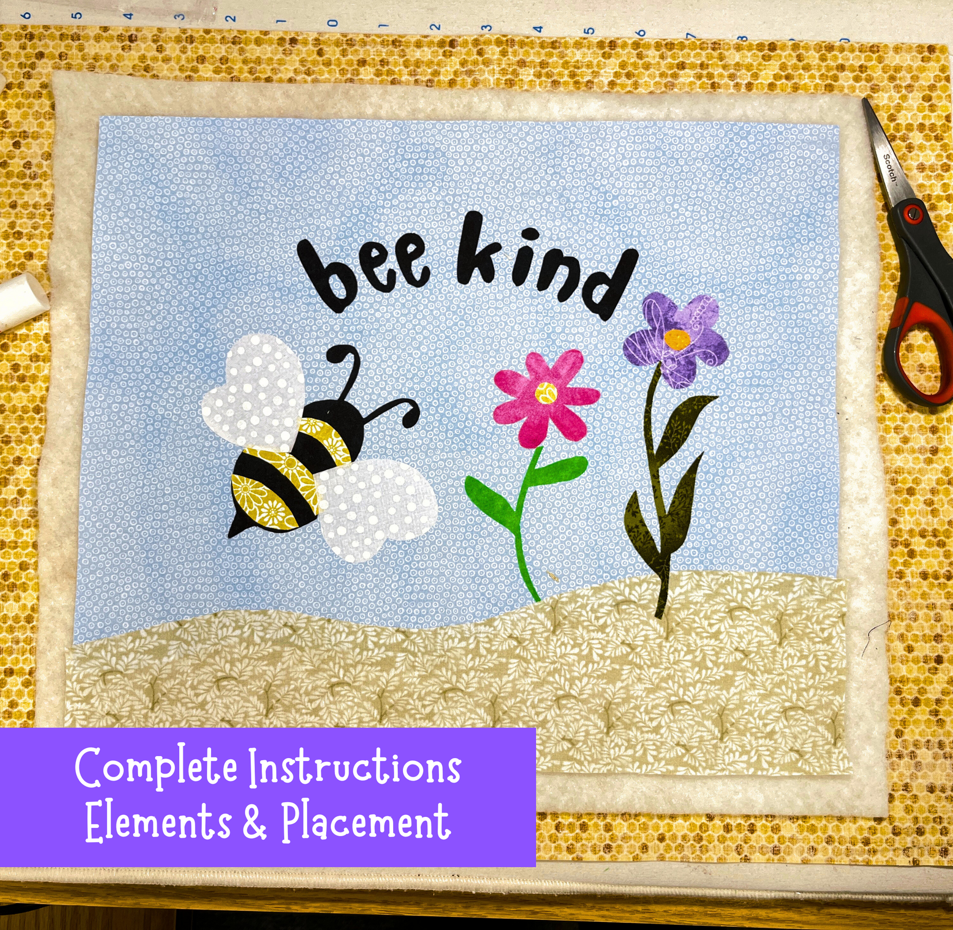 bee kind mug rug setup