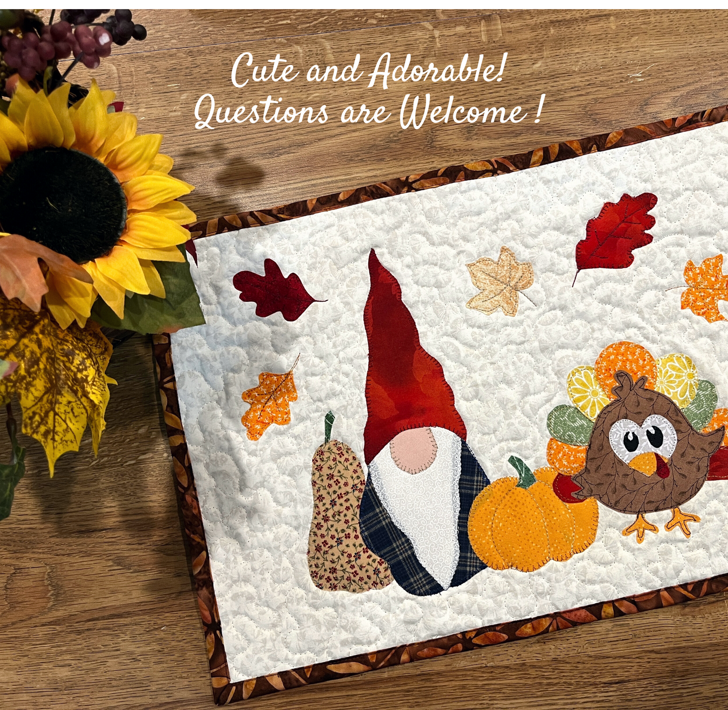 Gnome & Turkey Bar Rugs or small wall quilt - Happy Thanksgiving Autumn - approx 12"x 17"