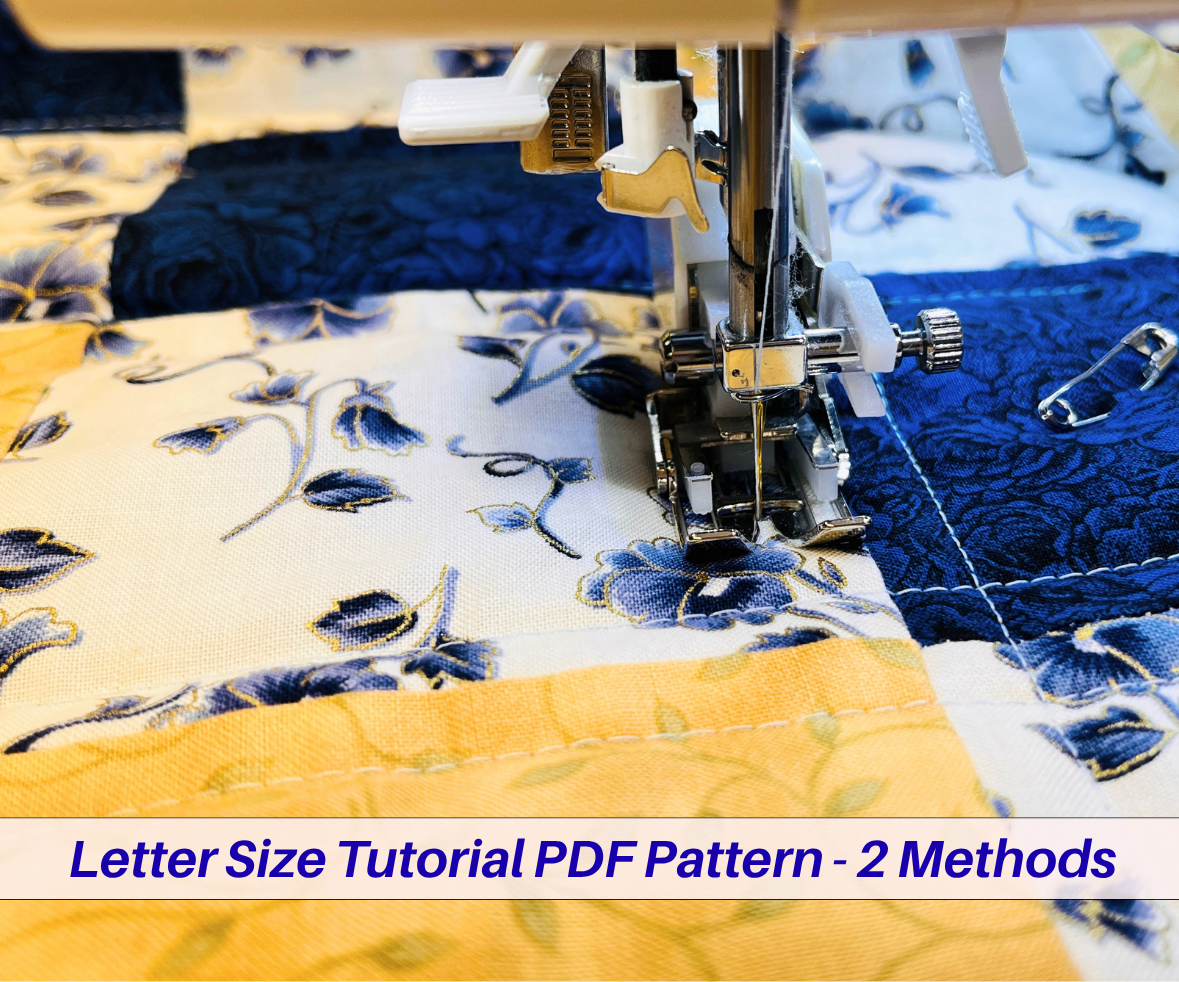 Quilting process with a sewing machine on floral fabric, text overlay about letter size tutorial PDF pattern.