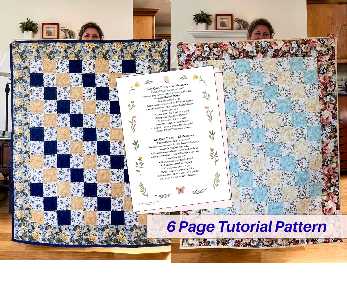 Two floral quilts with a 6-page tutorial pattern sheet displayed in front.