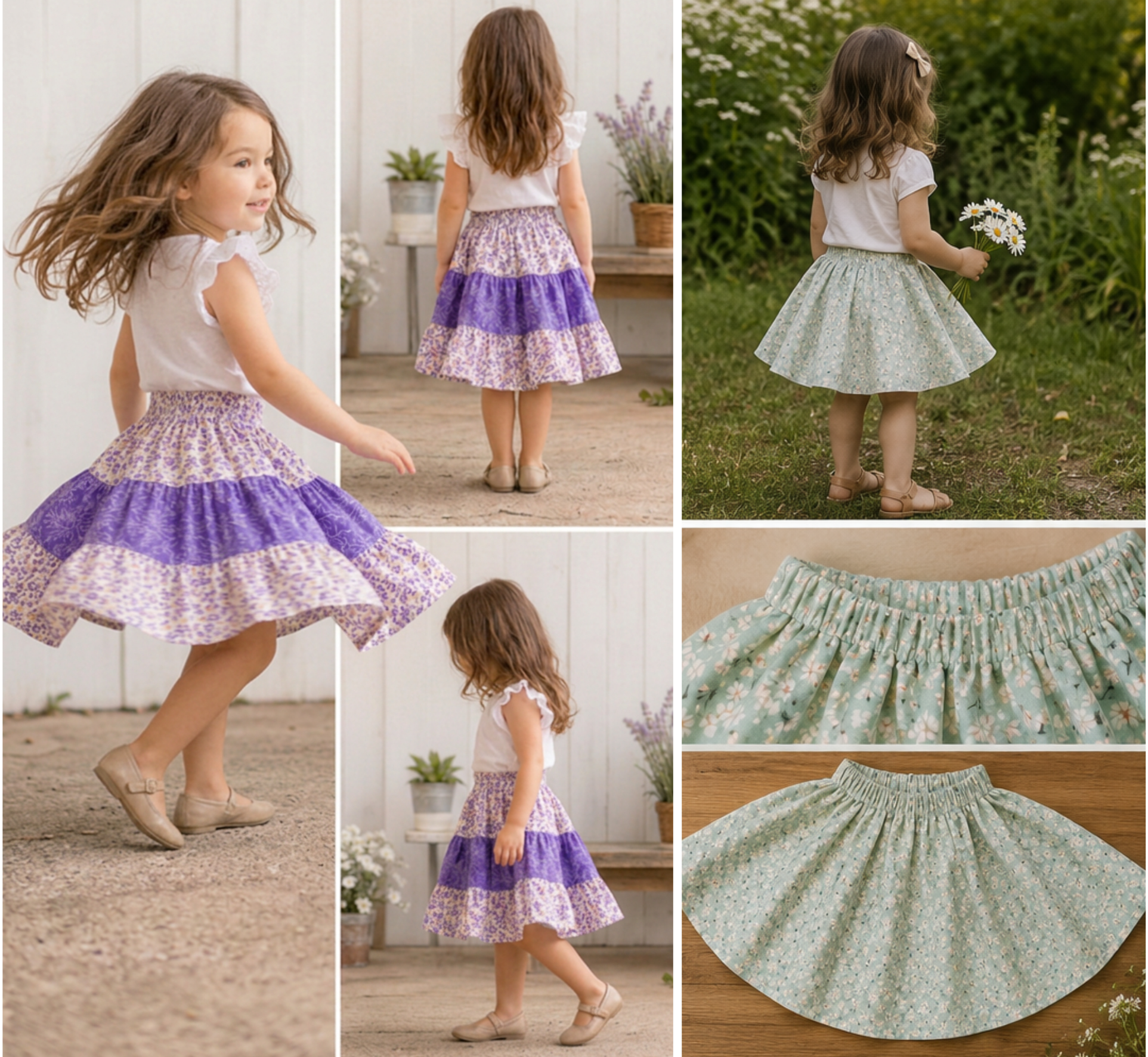 A collage showing a young girl modeling a tiered flared skirt in multiple settings, plus close-up detail shots of the skirt fabric. The skirt has a white top and a flared skirt with a purple floral print on one side and a light green floral print on the other.