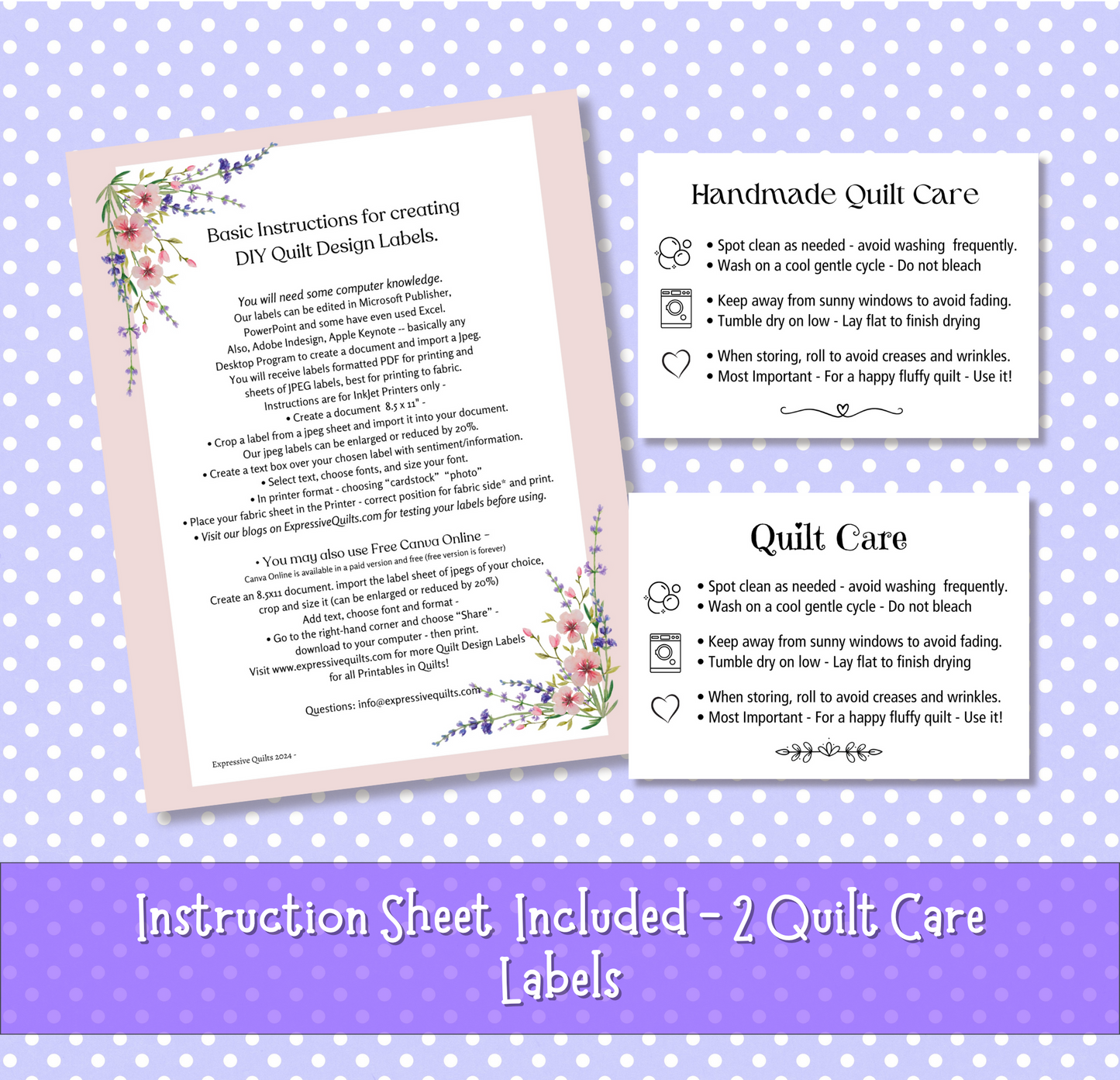 quilt labels include instruction sheet