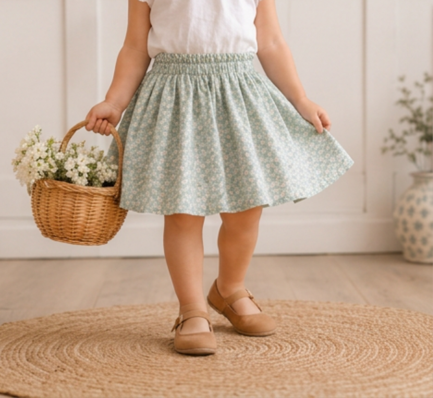 A child wearing a light sage green and white floral print skirt, holding a wicker basket of white flowers, standing on a round jute rug.