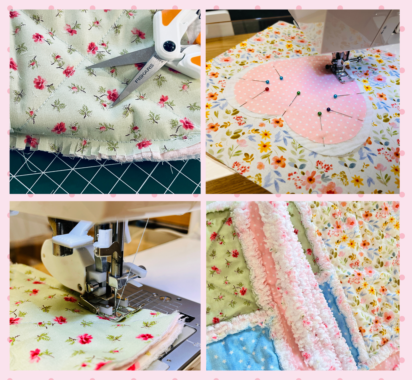 A four-panel collage showing fabric sewing projects: floral fabric being cut with scissors, a sewing machine stitching a pink heart-shaped patch, fabric being sewn in the machine, and close-ups of pastel floral and fuzzy fabric borders.