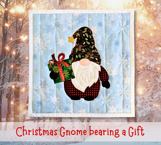 Christmas Gnome bearing a Gift  Mini Quilt - Complete Instructions, and Illustrations are included.