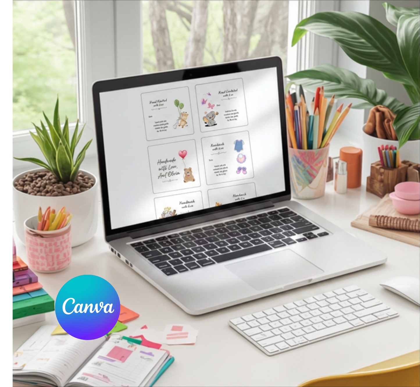 A silver laptop sits open on a bright desk, displaying colorful planner or template cards on screen. The scene is styled as a workspace with a keyboard, mouse, pencils, notebooks, plants, and a window in the background.