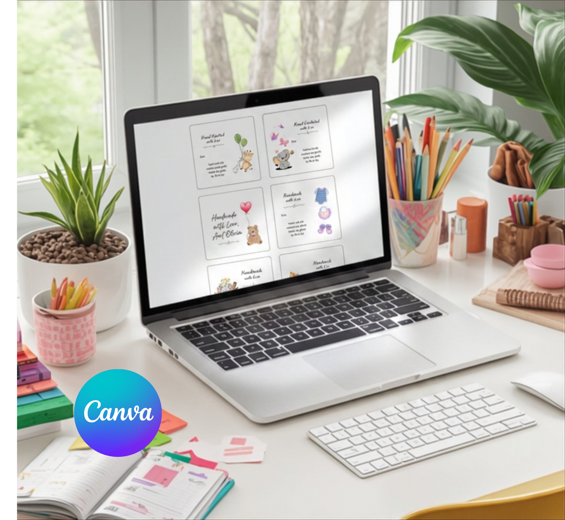 A silver laptop sits open on a bright desk, displaying colorful planner or template cards on screen. The scene is styled as a workspace with a keyboard, mouse, pencils, notebooks, plants, and a window in the background.