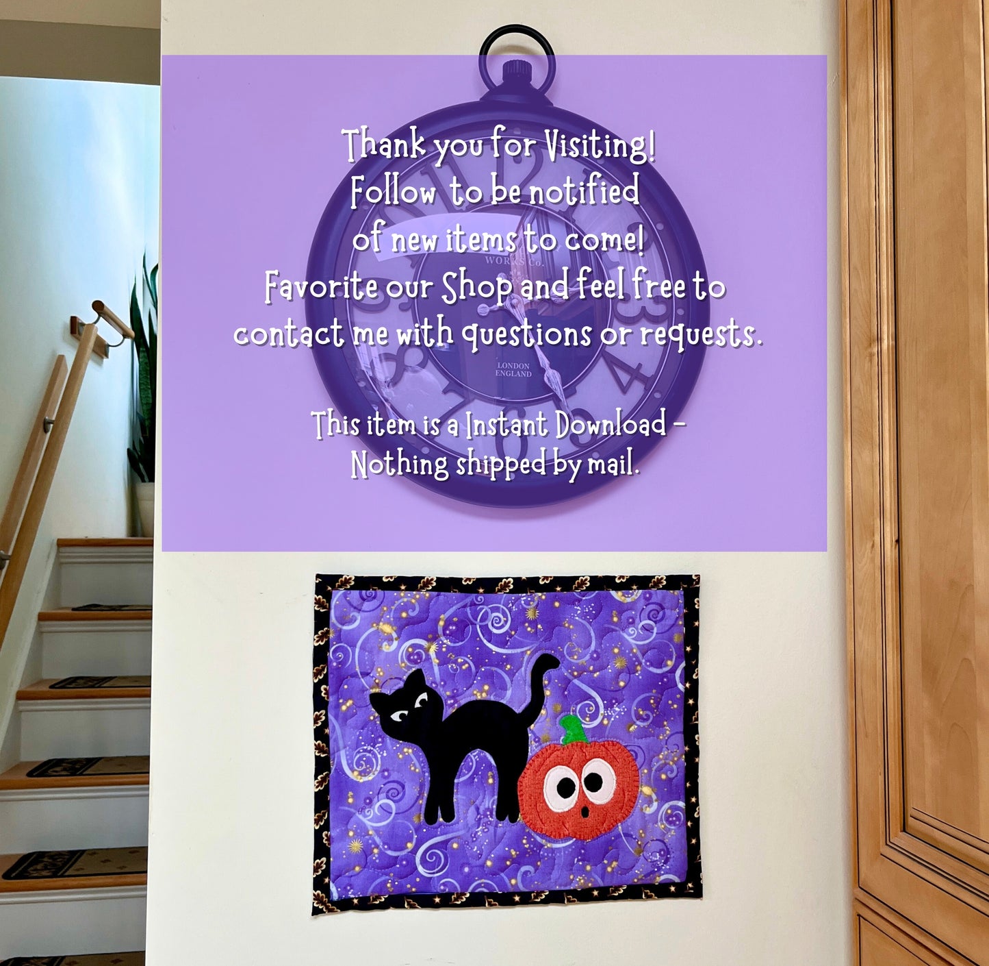 Halloween Mug Rug, Spooky Cat - approx 11"x 13" with complete Instructions - Digital Instant Download Pattern fusible applique