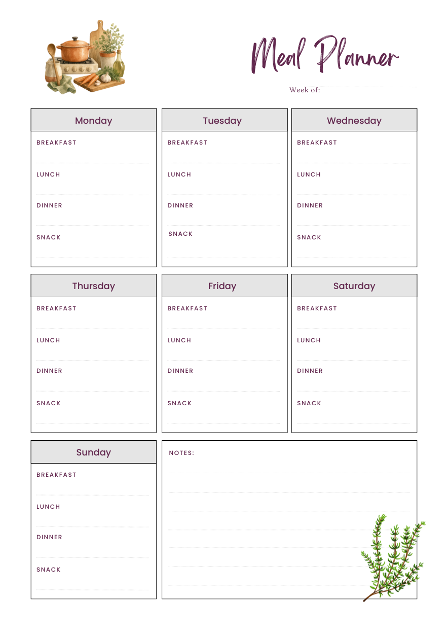 A printable weekly meal planner page with sections for Monday through Sunday and a notes area, decorated with small watercolor illustrations of a copper pot and herbs.