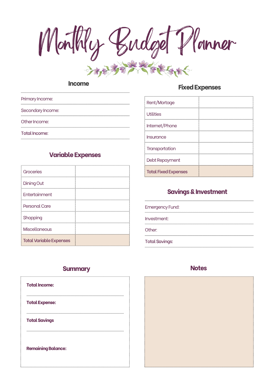 A printable Monthly Budget Planner template with sections for Income, Variable Expenses, Fixed Expenses, Savings & Investment, Summary, and Notes on a white page with purple headings and a small floral accent.