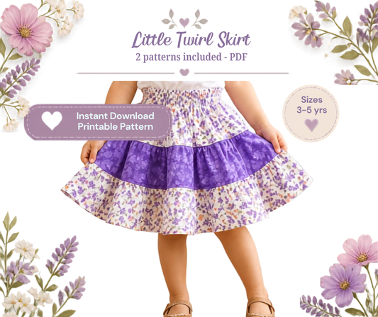 Promotional graphic for a 'Little Twirl Skirt' printable PDF pattern, showing a toddler wearing a two-tiered skirt with a purple floral print and a solid purple band. The graphic includes text overlays indicating '2 patterns included - PDF', 'Instant Download Printable Pattern', and 'Sizes 3-5 yrs', framed by purple and white floral illustrations on a white background.