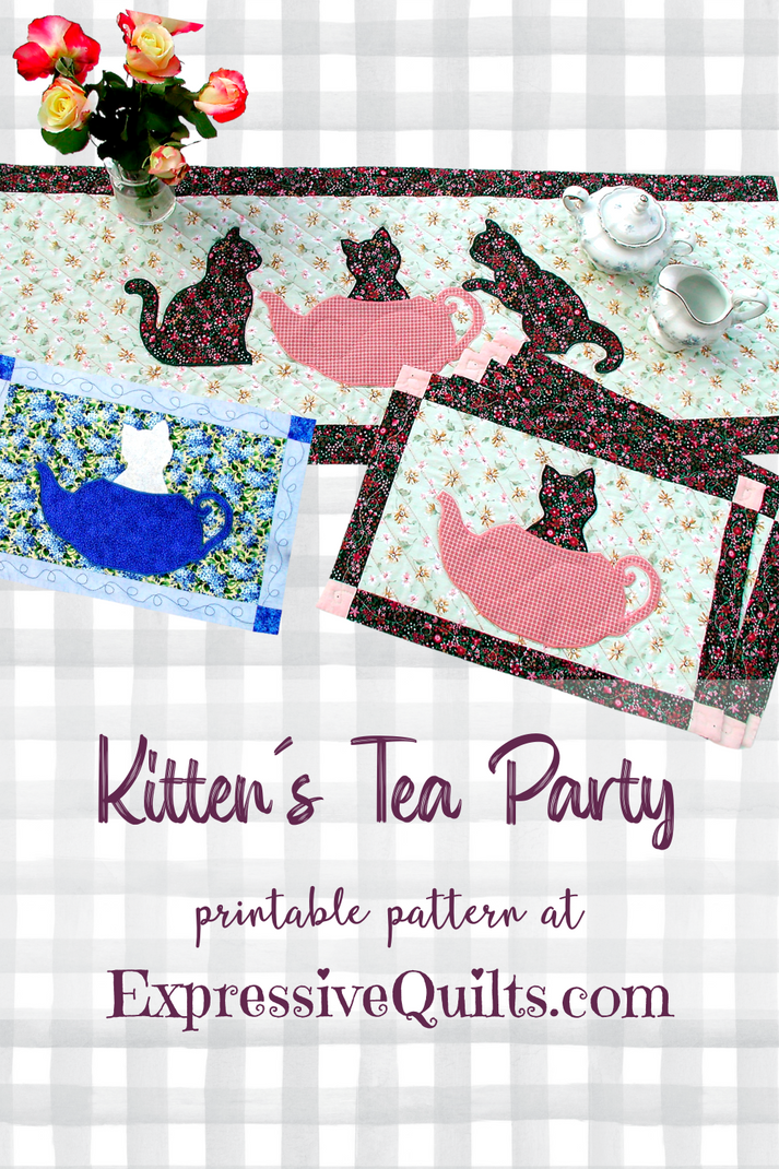 Kittens Tea Party Quilt Tablerunner and Placemat Set Digital Downl