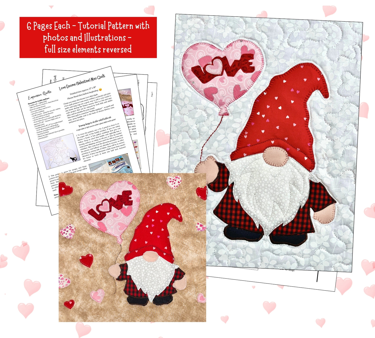 Love Gnome Mini Quilt 13"x18 - Mug Rug 10"x12", 2 Patterns - Complete Instructions