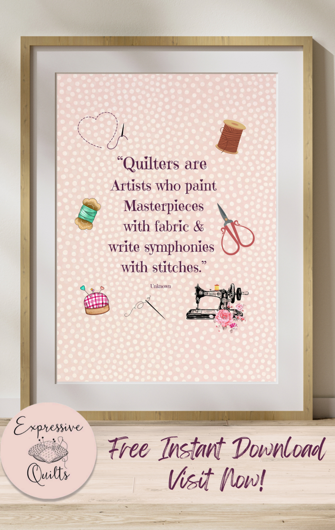 Framed print with sewing-themed quote and illustrations on a pink background