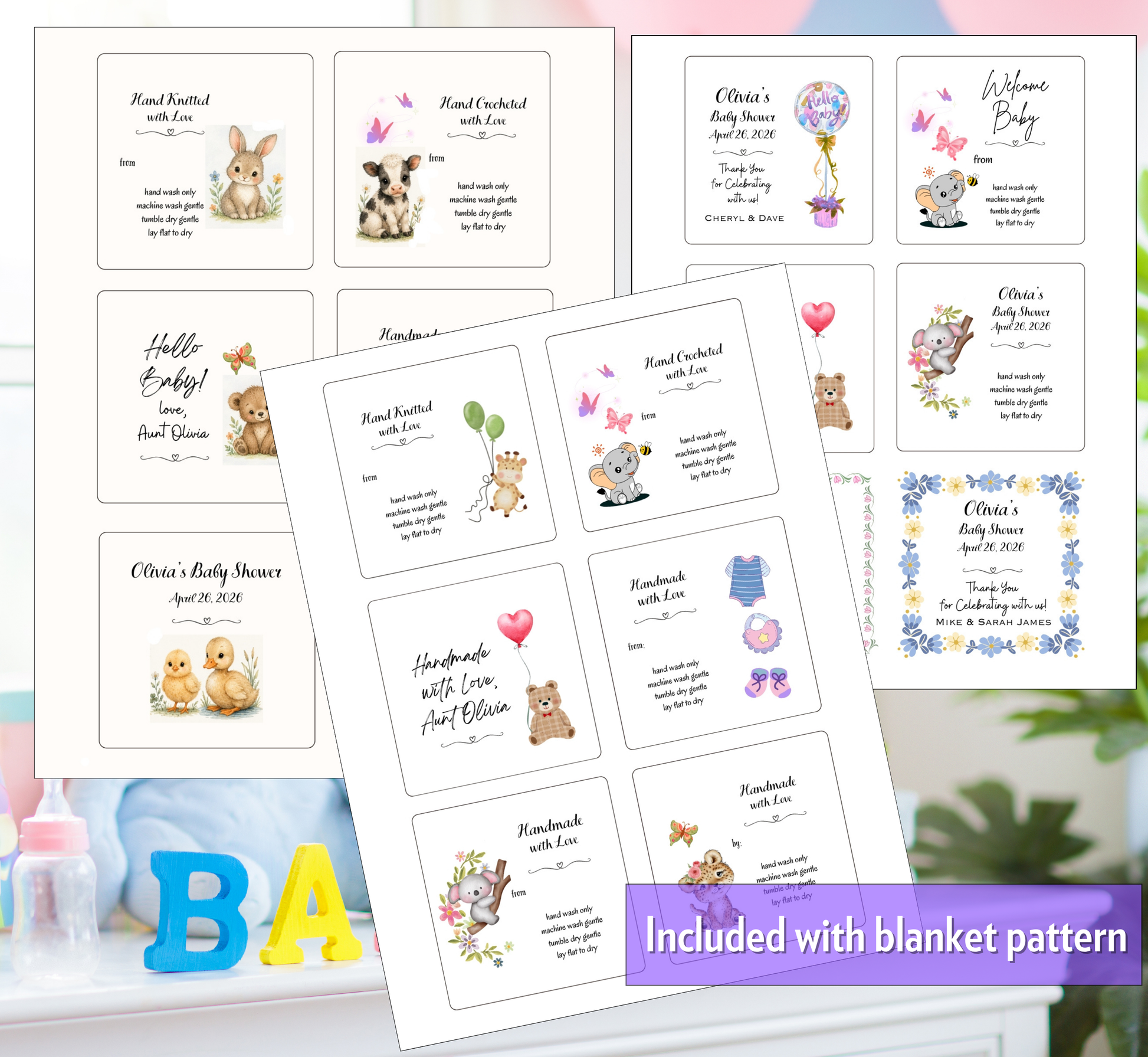 A collage of printable baby shower card and blanket design templates with cute animal illustrations, shown on a soft pastel background with a purple text banner reading 'Included with blanket pattern.' This is not a real photographed product in use and not packaging; it is a digital preview/mockup, so subject_type is Other.