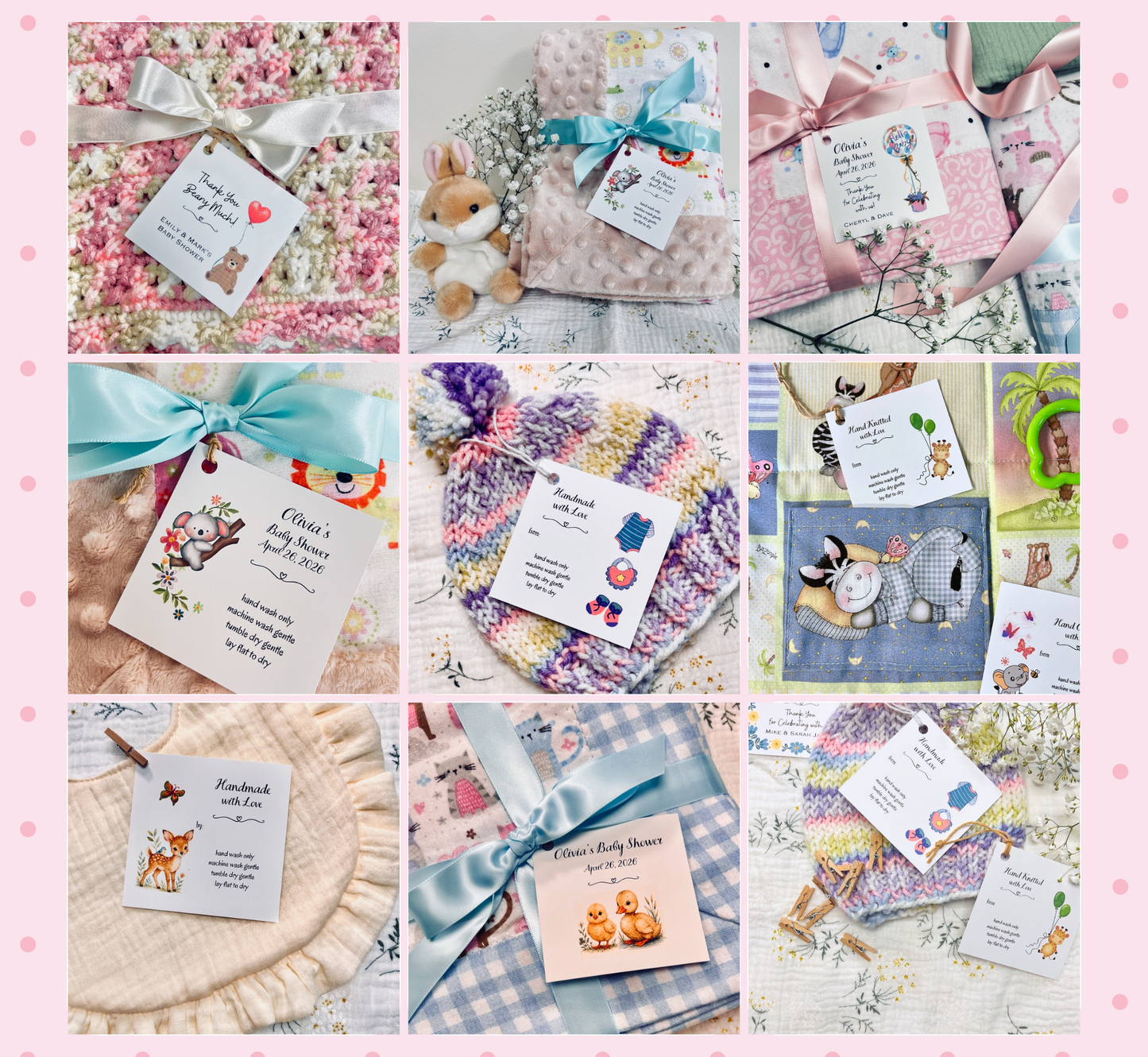 A 3x3 collage showing nine different baby gift sets and personalized items, each wrapped in colorful fabrics, ribbons, and bows, with printed cards attached. The items include floral blankets, knitted socks, a plush toy, a baby bootie, and gingham accessories, all arranged on a light pink background with small white dots. Great ideas for baby shower gifts.
