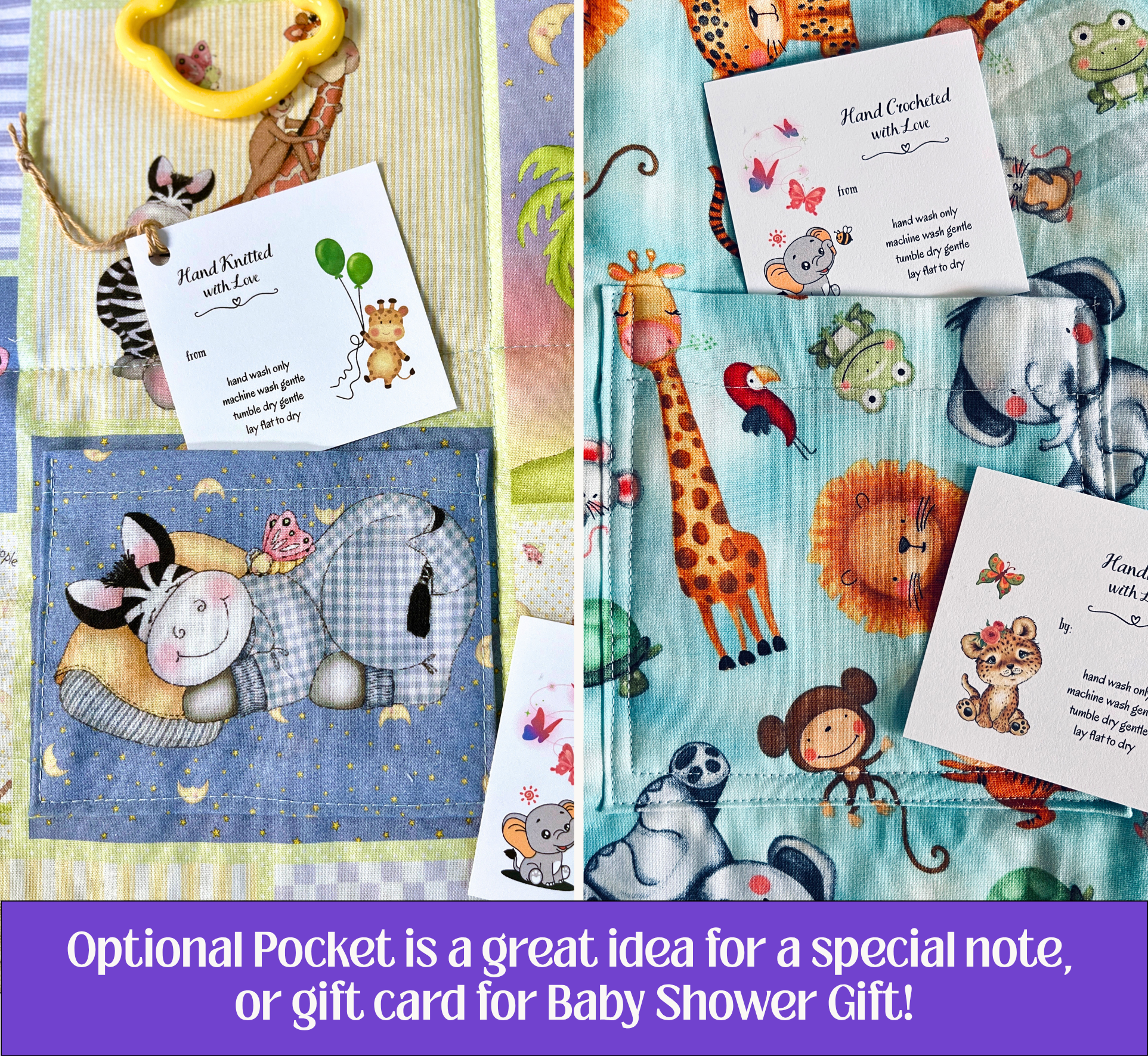 A collage of handmade baby shower favor pouches with animal illustrations and printed cards, plus a purple promotional text banner at the bottom offering a pocket for a gift card.