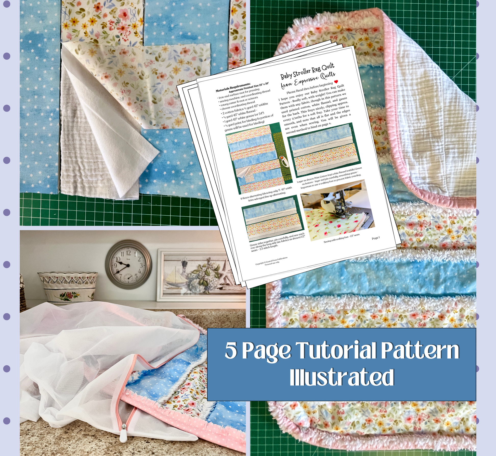 A collage-style listing image for a quilt pattern, showing folded quilt fabrics, a printed pattern booklet, and a finished quilted textile. Text on the image reads '5 Page Tutorial Pattern Illustrated.