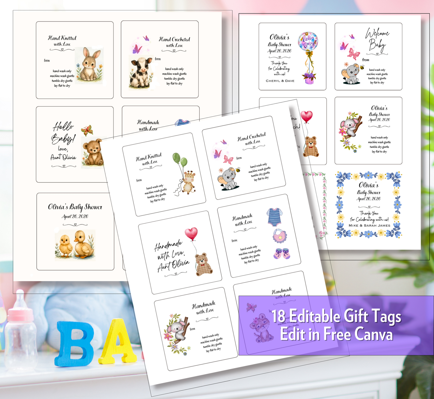 A set of editable baby shower gift tags displayed in a styled mockup scene. The tags feature cute watercolor illustrations of bunnies, bears, and flowers, along with customizable text fields.
